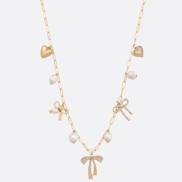 RIBBON BOW PEARL BEAD STATION NECKLACE