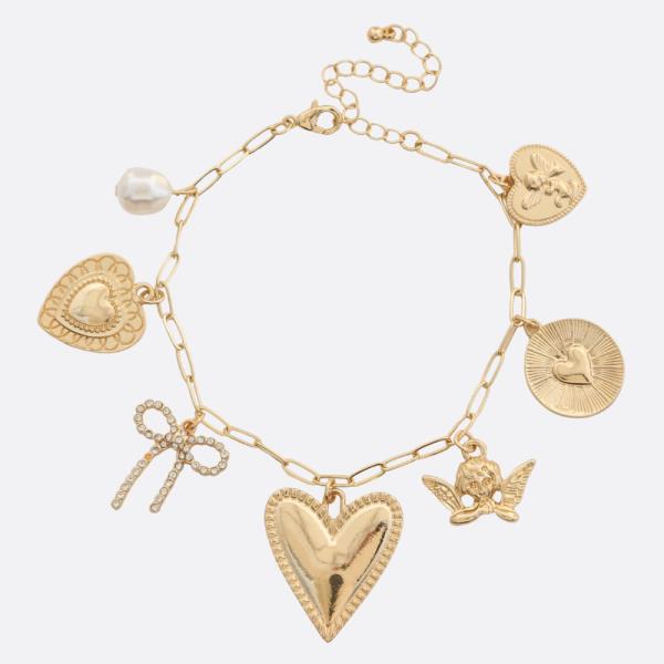 HEART RIBBON BOW CHARM PEARL BEAD BRACELET