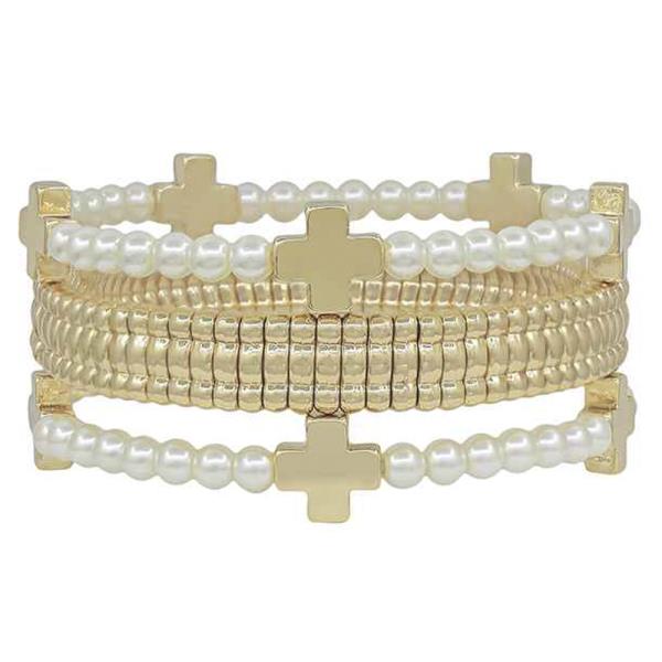 3 SET FLAT METAL WITH PEARL &  METAL CROSS STRETCH BRACELET