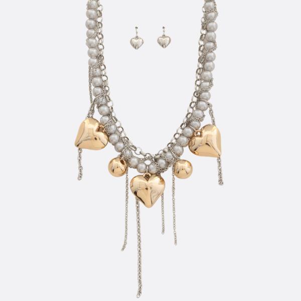 PUFFY HEART PEARL BEAD METAL NECKLACE