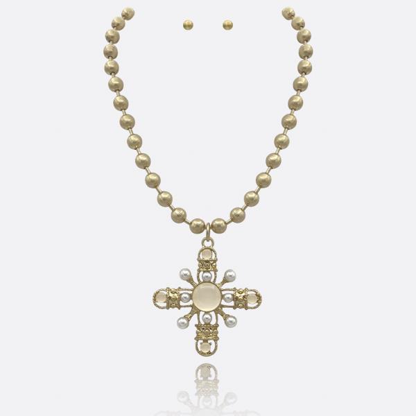 BAROQUE CROSS W BALL CHAIN NECKLACE