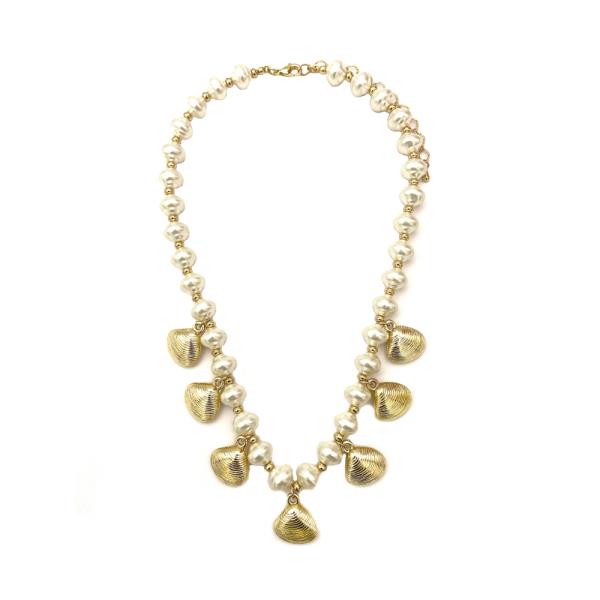 SHORT PEARL METAL CLAMS NECKLACE