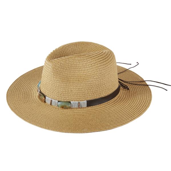 TURQUOISE BEADS BAND STRAW SUN HAT