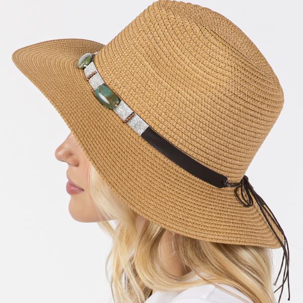 TURQUOISE BEADS BAND STRAW SUN HAT