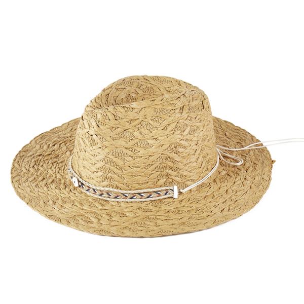 STRAW SUN HAT WITH STRAW BRAIDED EVIL EYE