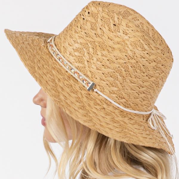 STRAW SUN HAT WITH STRAW BRAIDED EVIL EYE