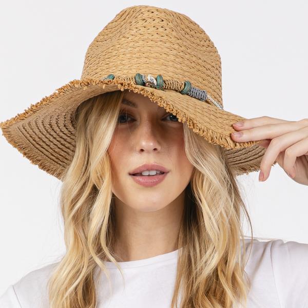 FRAYED STRAW SUN HAT WITH BRAIDED STARFISH BAND