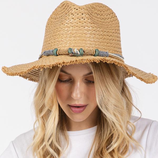 FRAYED STRAW SUN HAT WITH BRAIDED STARFISH BAND