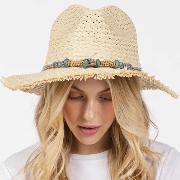 FRAYED STRAW SUN HAT WITH BRAIDED STARFISH BAND