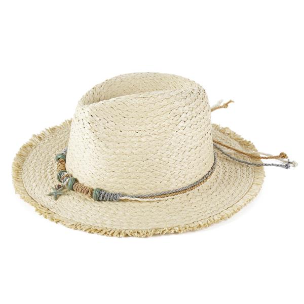 FRAYED STRAW SUN HAT WITH BRAIDED STARFISH BAND