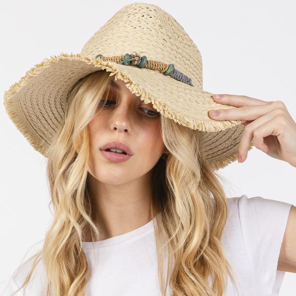FRAYED STRAW SUN HAT WITH BRAIDED STARFISH BAND