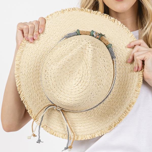 FRAYED STRAW SUN HAT WITH BRAIDED STARFISH BAND