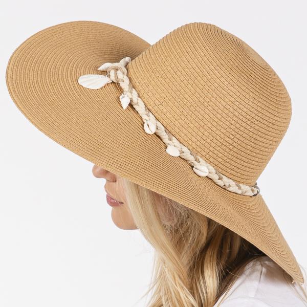 WIDE BRIM STRAW SUN HAT WITH SHELL AND CONCH BRAIDED BAND