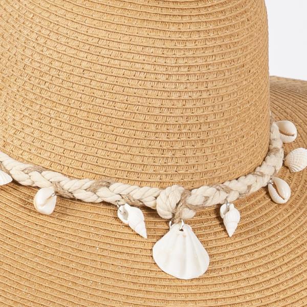 WIDE BRIM STRAW SUN HAT WITH SHELL AND CONCH BRAIDED BAND