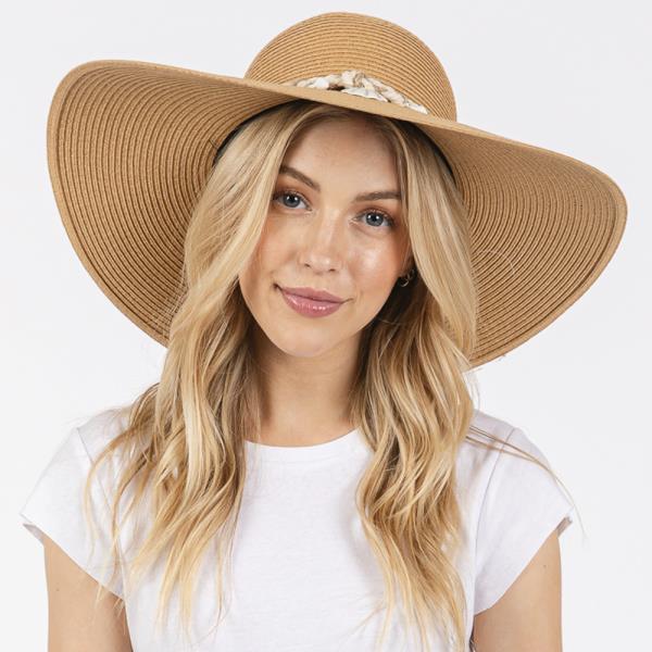 WIDE BRIM STRAW SUN HAT WITH SHELL AND CONCH BRAIDED BAND