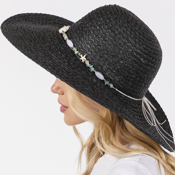 WIDE BRIM FLOPPY SUN HAT WITH TURQUOISE STONE AND STARFISH BAND