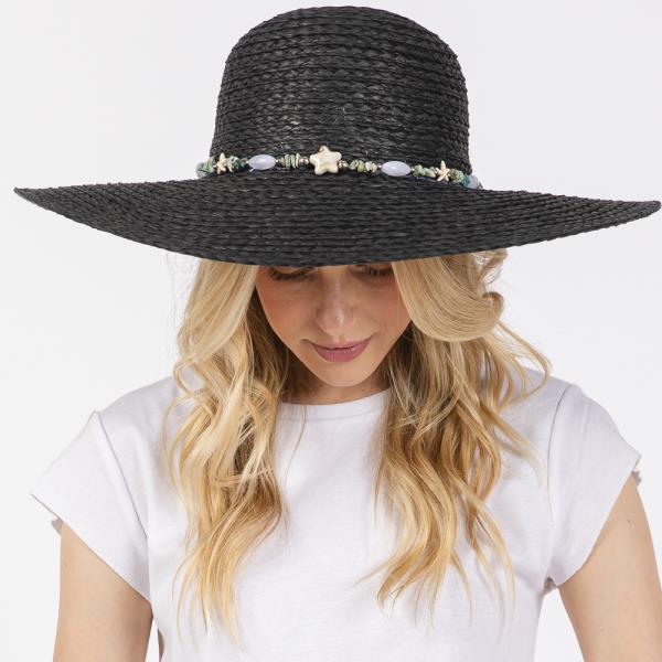 WIDE BRIM FLOPPY SUN HAT WITH TURQUOISE STONE AND STARFISH BAND