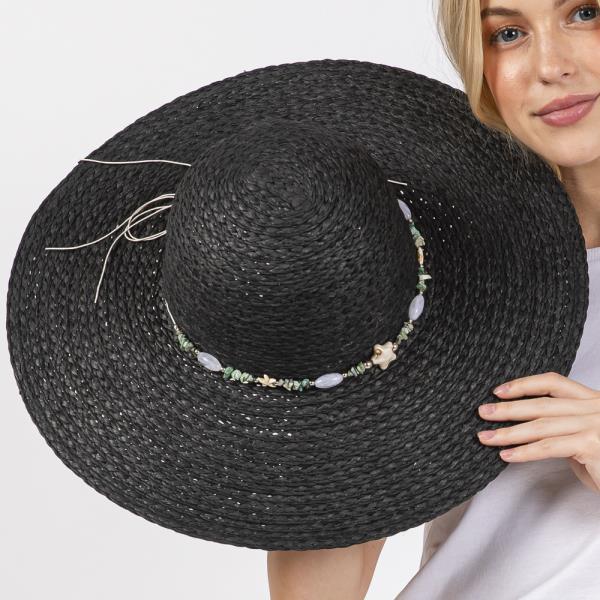 WIDE BRIM FLOPPY SUN HAT WITH TURQUOISE STONE AND STARFISH BAND