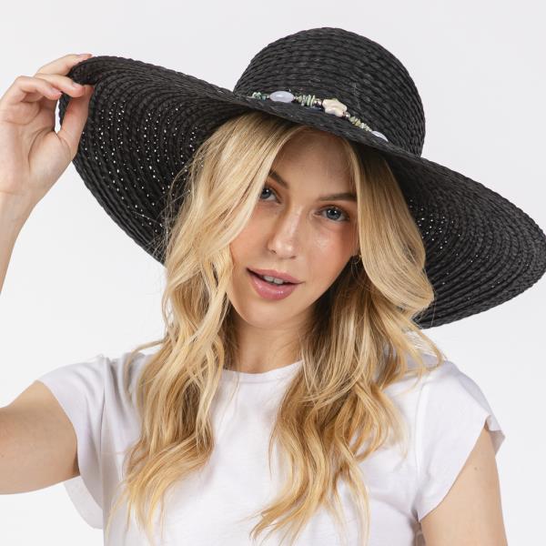 WIDE BRIM FLOPPY SUN HAT WITH TURQUOISE STONE AND STARFISH BAND