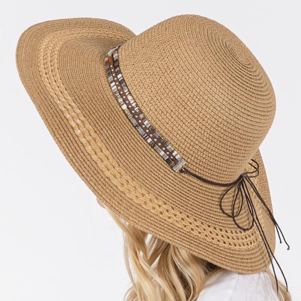 WIDE BRIM STRAW HAT WITH EVIL EYE AND MULTI DESIGN BAND