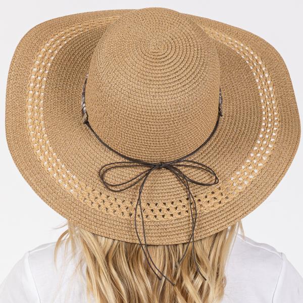 WIDE BRIM STRAW HAT WITH EVIL EYE AND MULTI DESIGN BAND