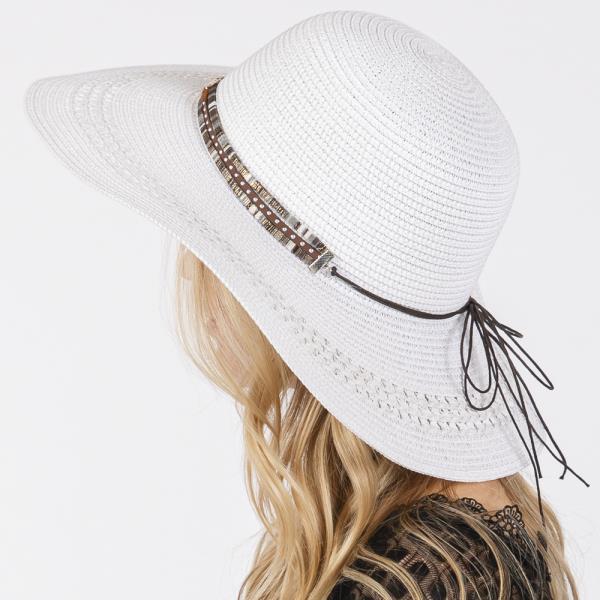 WIDE BRIM STRAW HAT WITH EVIL EYE AND MULTI DESIGN BAND