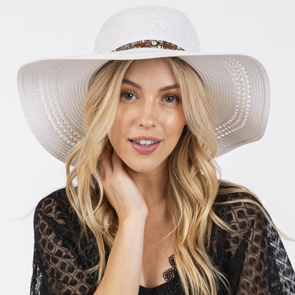 WIDE BRIM STRAW HAT WITH EVIL EYE AND MULTI DESIGN BAND