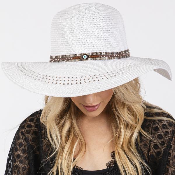 WIDE BRIM STRAW HAT WITH EVIL EYE AND MULTI DESIGN BAND