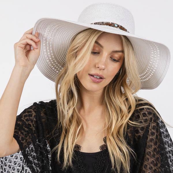 WIDE BRIM STRAW HAT WITH EVIL EYE AND MULTI DESIGN BAND