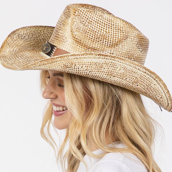 VINTAGE COWBOY HAT WITH WESTERN BULL AND STUD FAUX LEATHER BAND