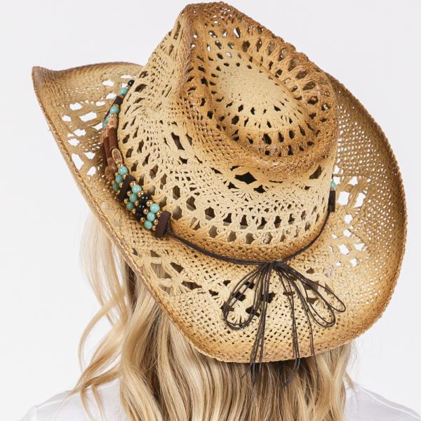 TEA STAINED OPEN WEAVE COWBOY HAT WITH WESTERN WOOD BEAD BAND