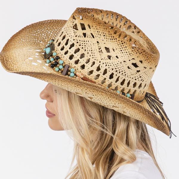 TEA STAINED OPEN WEAVE COWBOY HAT WITH WESTERN WOOD BEAD BAND