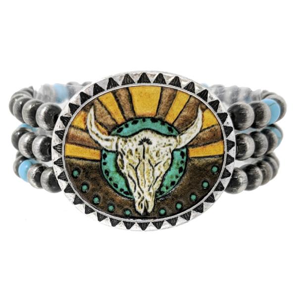 WESTERN NAVAJO TOOLED W/TQ STONE STEER HEAD BRACELET