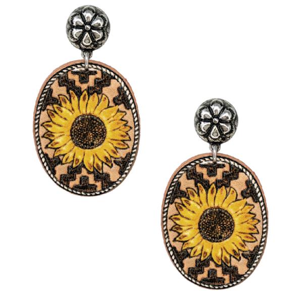 SUNFLOWER WESTERN TOOLED LEATHER EARRING