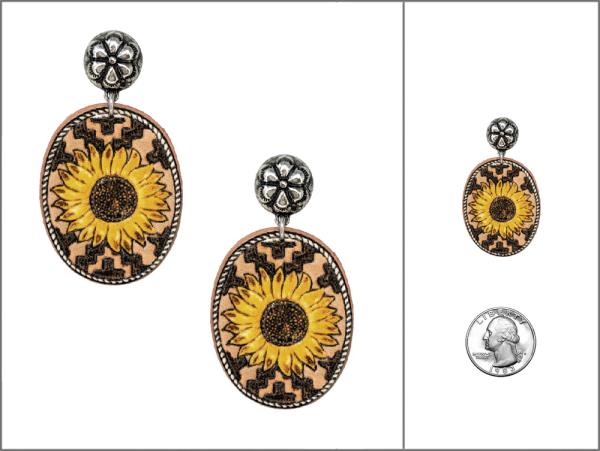 SUNFLOWER WESTERN TOOLED LEATHER EARRING