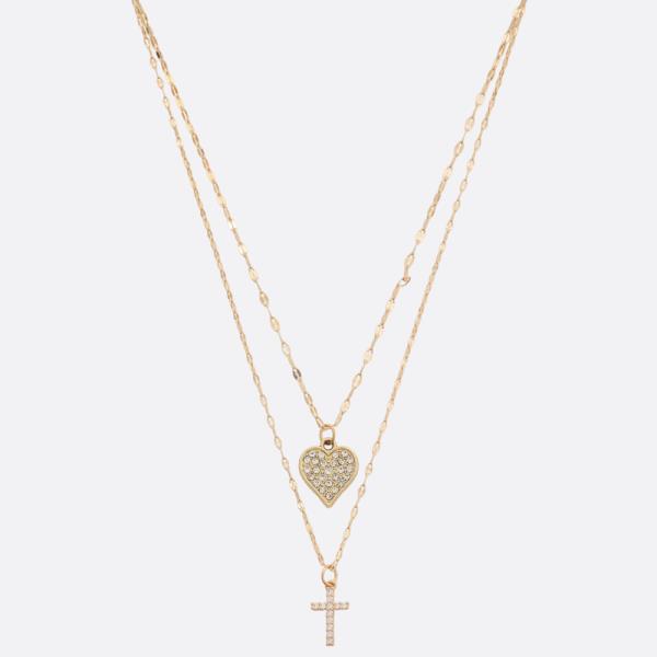 SDJ HEART CROSS LAYERED METAL NECKLACE