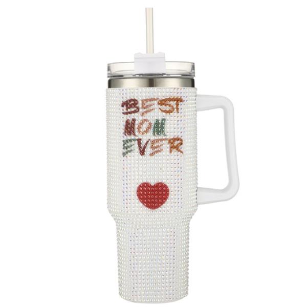 BEST MOM EVER RHINESTONE TUMBLER WITH HANDLE STRAW