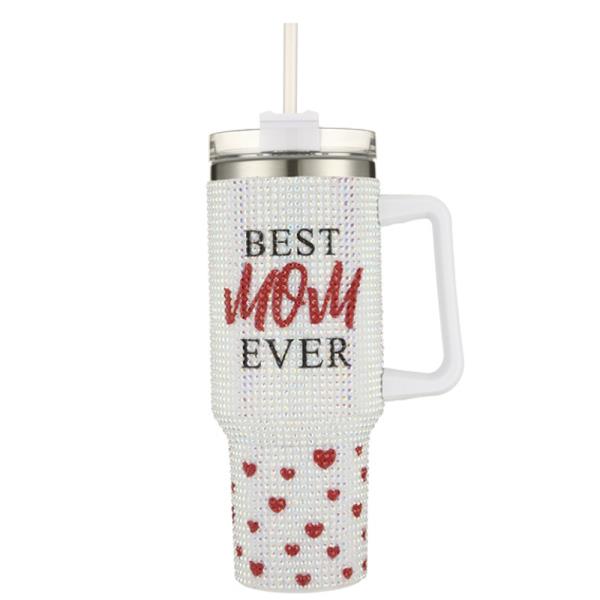 BEST MOM EVER RHINESTONE TUMBLER WITH HANDLE STRAW