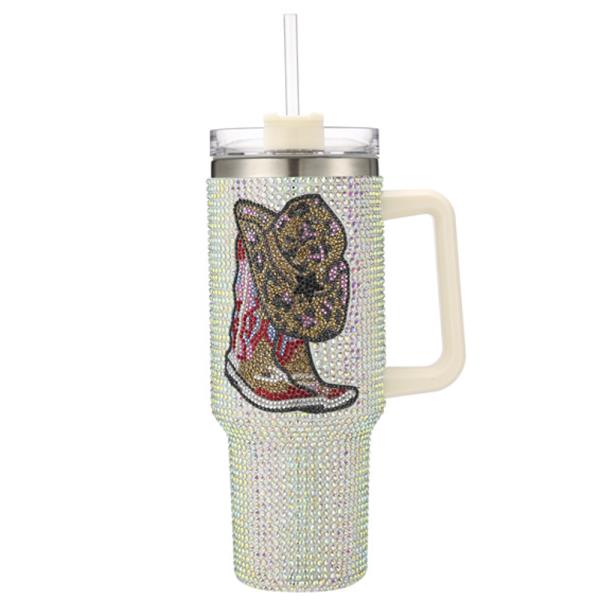 WESTERN BOOTS RHINESTONE TUMBLER WITH HANDLE STRAW