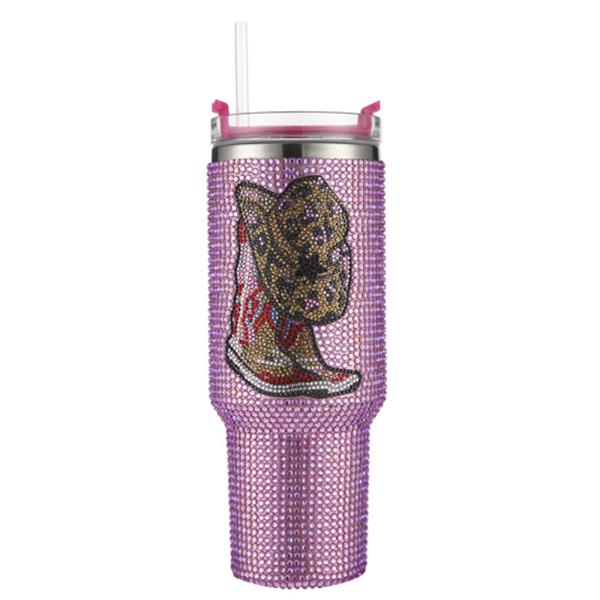 WESTERN BOOTS RHINESTONE TUMBLER WITH HANDLE STRAW