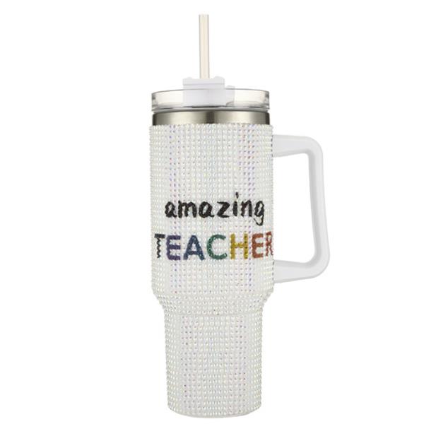 AMAZING TEACHER RHINESTONE TUMBLER WITH HANDLE STRAW