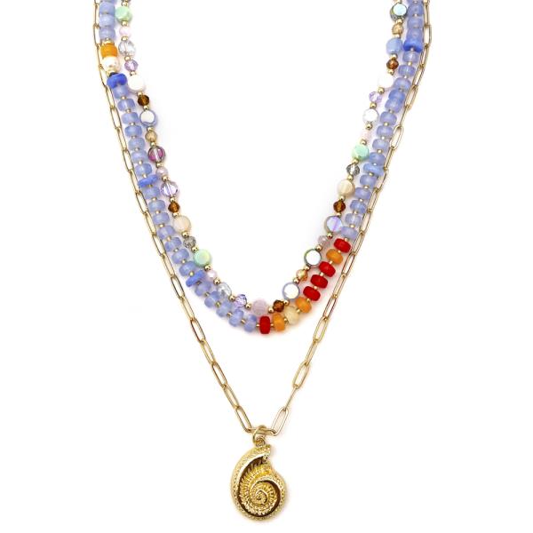 3 LAYERED MIXED BEAD SHELL PENDANT NECKLACE