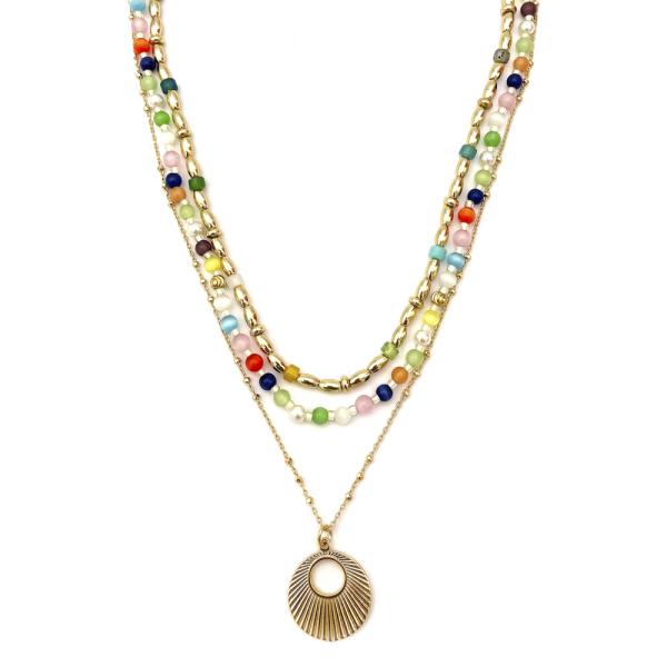 3 LAYERED MIXED BEAD SHELL PENDANT NECKLACE