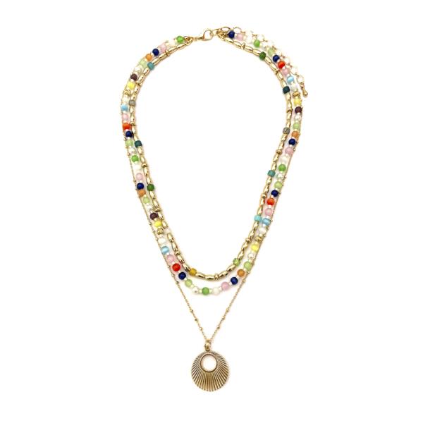 3 LAYERED MIXED BEAD SHELL PENDANT NECKLACE