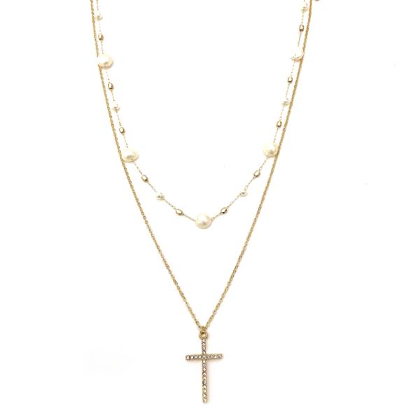 2 LYR SHORT CROSS PENDANT NECKLACE