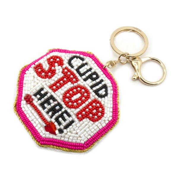 SEED BEAD CUPID STOP HERE KEYCHAIN