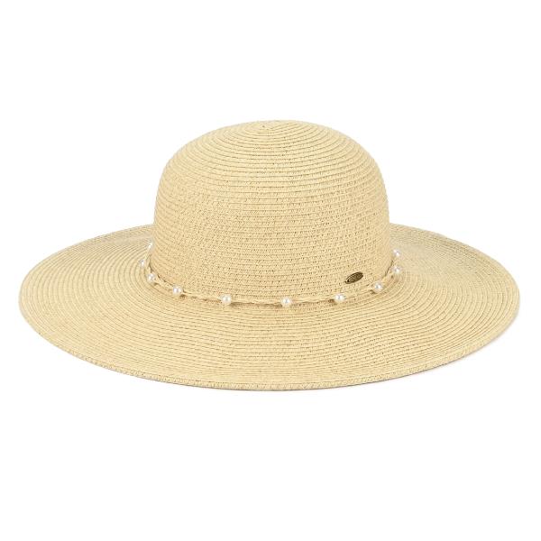 CC WIDE BRIM SUN HAT WITH PEARL TRIM BAND