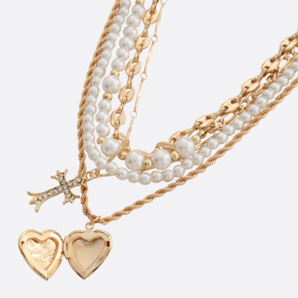 SDJ HEART CROSS CHARM PEARL BEAD LAYERED NECKLACE