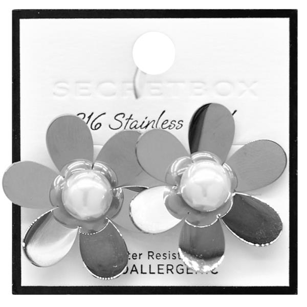 SECRET BOX STAINLESS STEEL FLOWER PEARL BEAD EARRING