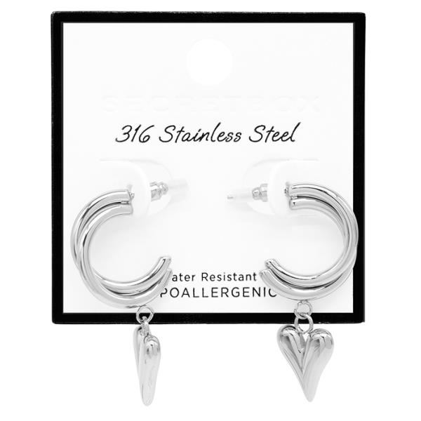 SECRET BOX STAINLESS STEEL HEART OPEN HOOP EARRING